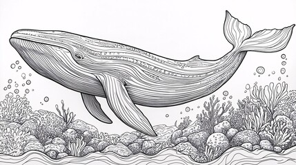 Whale coloring page for ocean book, sea animal outline drawing underwater