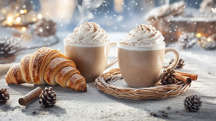 Two cups of cappuccino with whipped cream and croissants against a winter background with gently falling snowflakes. Festive atmosphere of Christmas and coziness.
