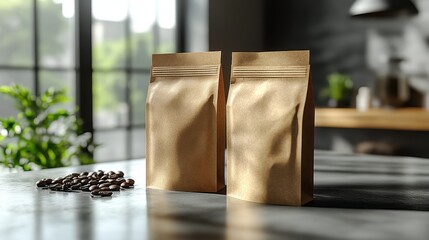 3D rendering of two brown kraft paper coffee bags on a clean background