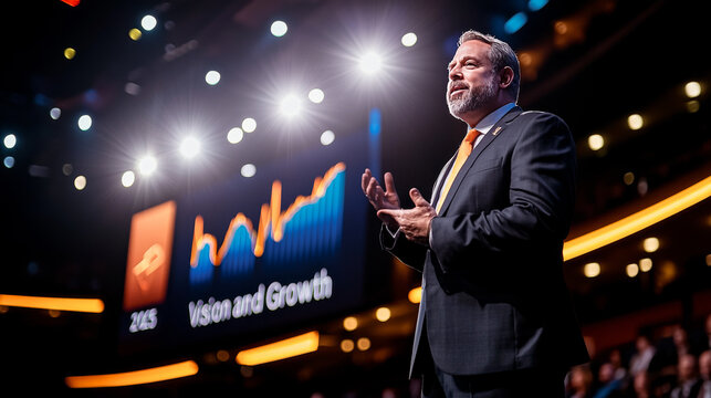 Visionary Leader on Stage: A charismatic speaker delivers an inspiring message of vision and growth, illuminated by spotlights and a captivating backdrop.