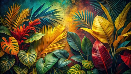 Vintage Tropical Leaves Background in Colorful Hues for Stylish Decor and Design