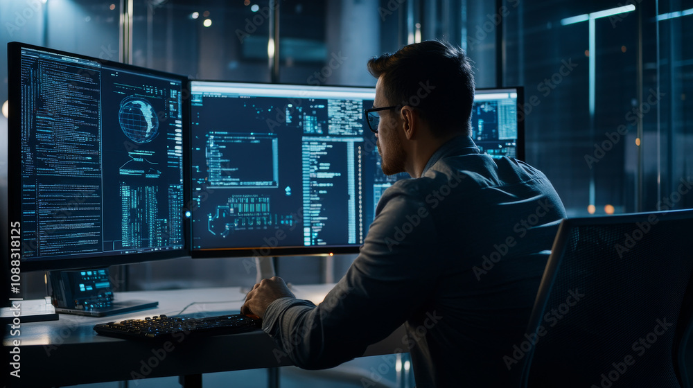 Poster a businessman uses technology to manage and improve business processes. he uses tools for automation