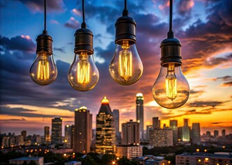 Obraz premium Warm City Skyline at Dusk with Glowing Light Bulbs Above