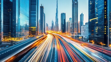 Obraz premium vibrant cityscape with light trails on a highway, featuring skyscrapers and a prominent tower.