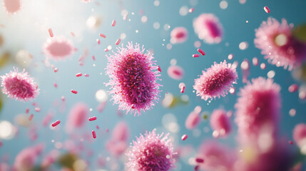 close-up microscopic view showcasing vibrant probiotics bacteria, illustrating the significance of beneficial microorganisms for human health, gut flora, digestion, and immune system support