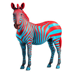 Unique striped zebra stands out with vibrant red and blue colors in a creative artistic display