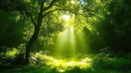 Obraz premium A tranquil forest scene with sunlight streaming through lush green tree branches, illuminating a vibrant grassy area and creating a peaceful, serene atmosphere.