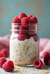Overnight oats with raspberries for healthy breakfast blogs, recipe websites, and nutrition guides - perfect for meal prep and weight loss inspiration