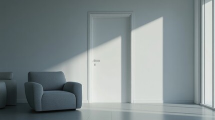 Contemporary minimalist interior showcasing a white door, grey armchair, and grey sofa with soft natural light streaming in through large windows.