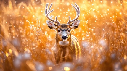 Majestic deer with impressive antlers standing gracefully amidst a golden, shimmering backdrop, capturing the essence of wildlife in stunning winter scenery.