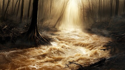 Sunlight streaming through trees over turbulent muddy floodwaters pulling away small rooted trees in a misty forest setting