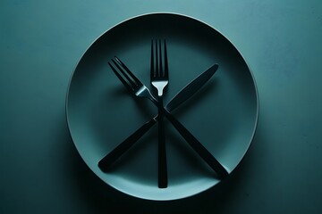 Empty plate with fork and knife crossed on a plate, dark background, top view