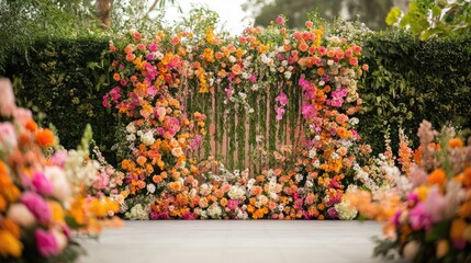 Lush summer floral backdrop filled with vibrant orange, pink, and white flowers, creating a stunning outdoor setting for events or photography.