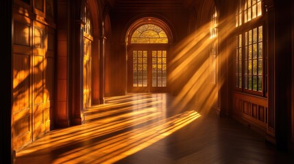 Fototapeta premium Sunlight streams through arched doorways, casting gentle rays on polished wooden floors and creating a warm, inviting atmosphere.