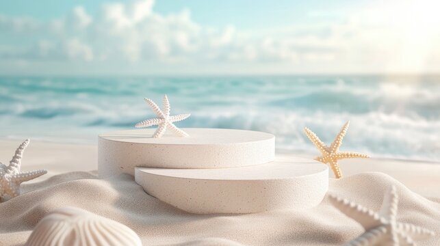 3D beach podium on sandy shore with seashells and starfish, ideal for summer product displays, holiday promotions, and travel showcases in a serene coastal setting.