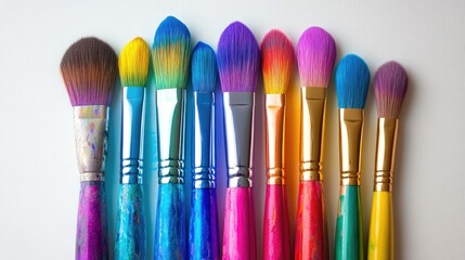 Fototapeta premium Colorful paintbrushes in a row, displaying an array of vibrant hues on the bristles, perfect for artistic inspiration and creative projects