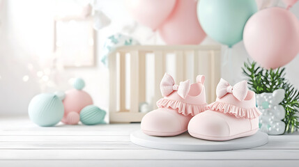 Adorable baby shoes nursery setup product display soft pastel colors close-up view infant fashion inspiration