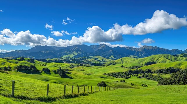 Vibrant green rolling hills lead to majestic distant mountains under a bright blue sky filled with fluffy white clouds.
