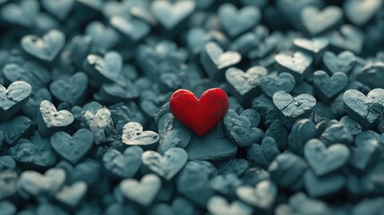 Obraz premium Vivid red heart contrasts strikingly with an array of small gray hearts, symbolizing love amidst a muted setting.