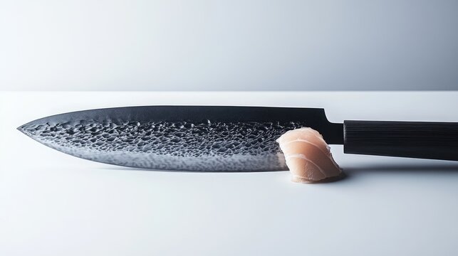 A close-up of a sharp, textured chef's knife on a minimalist white surface, with a delicate slice of sushi highlighting its precise craftsmanship and elegant design.