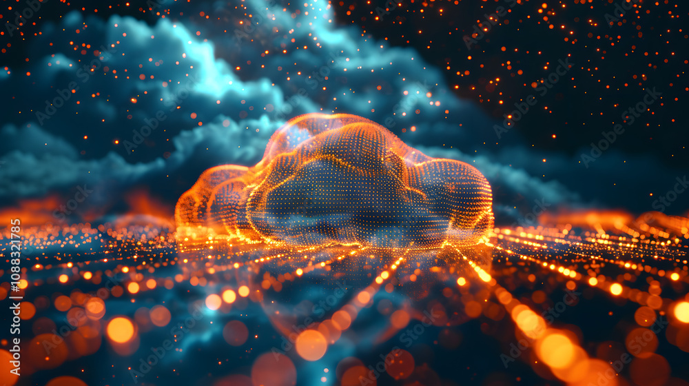 Poster digital informational technology web futuristic hologram with cloud icon, blue golden light digits a