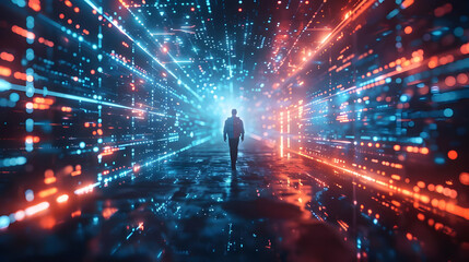 3D Digital Abstract Background: Person Walks Through Neon Data Stream, Futuristic Glow