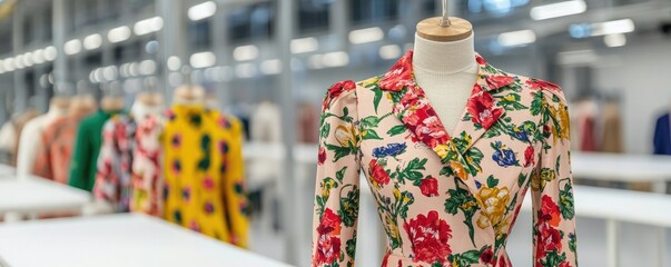 Naklejka premium A vibrant floral dress on a mannequin, set in a spacious garment factory showcasing various colorful clothing in the background.