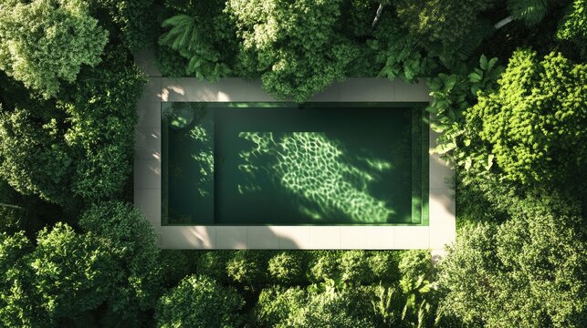 Serene rectangular swimming pool surrounded by vibrant green foliage, perfect for summer relaxation and tranquil retreats.