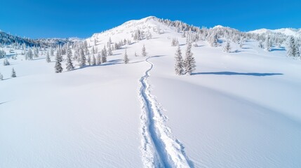 Obraz premium Winding mountain trail through snow-covered trees in winter wonderland