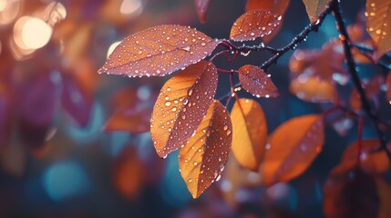 Vibrant autumn leaves sparkling with dew droplets, showcasing rich colors and intricate details in a serene natural setting.