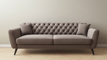 Fototapeta premium Elegant tufted gray sofa in a minimalist living room, featuring plush cushions and sleek wooden legs, embodying contemporary comfort and style.