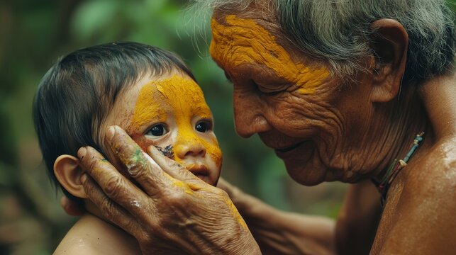 Traditions Live On: Yanomami Elder Painting Child's Face with Natural Dyes in the Amazon Rainforest, Symbolic Nature Connection