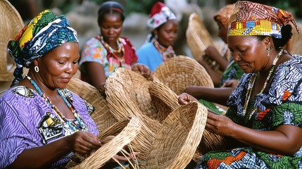 Cultural Traditions in Colorful Harmony: Zulu Women Weaving Baskets in KwaZulu-Natal's Village, Passing Knowledge to Younger Generation
