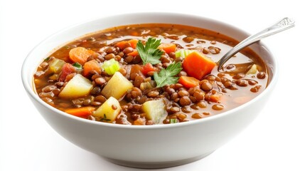 A bowl of hearty lentil and vegetable stew with carrots, celery, and potatoes in a rich tomato broth