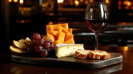 An elegant cheese platter featuring assorted cheeses, fresh grapes, sliced bread, dried fruits, and a glass of red wine, perfect for gatherings.