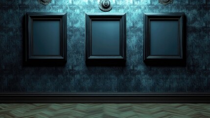 Three ornate empty picture frames evenly spaced on a dark textured wall, illuminated by soft overhead lighting, with a wooden floor beneath.