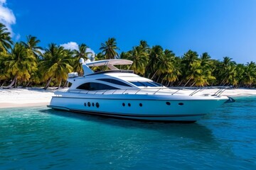 Fototapeta premium Elegant yacht anchored near a secluded beach with white sands and palm trees, creating a serene tropical scene