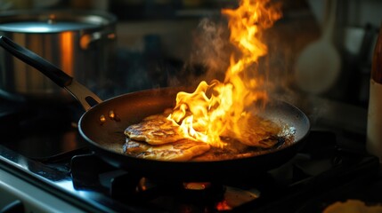 Flames Erupt from Skillet with Burnt Pancakes During Cooking Mishap in Modern Kitchen Setting