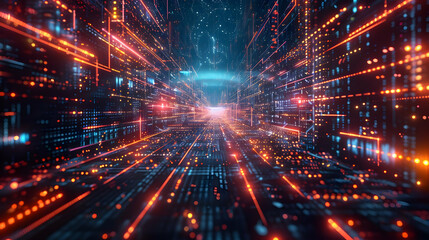 Fototapeta premium Abstract 3D Digital Corridor: Glowing Lines and Data Streams converge into a futuristic tunnel, representing technological advancement and connectivity.