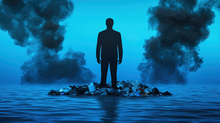 human silhouette stands on water surrounded by plastic waste, symbolizing environmental issues and pollution. scene evokes sense of urgency and reflection on our impact on nature
