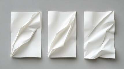 Set of three textured white papers with creases arranged on a smooth gray background, showcasing unique folds and shadows for artistic effect.
