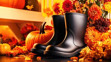 Colorful mums, vibrant pumpkins, and sleek black rain boots create a warm and welcoming autumn atmosphere on a charming front porch.