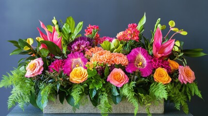 Obraz premium Lush flower arrangement featuring pink and orange roses, vibrant orchids, and tropical foliage against a dark background.
