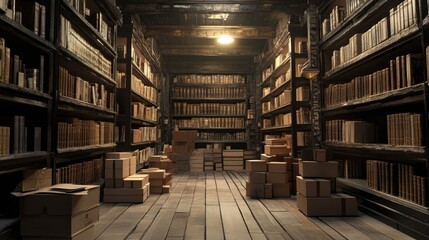 Dark, atmospheric warehouse interior showcasing tall shelves packed with various boxes and stacks of books amidst a wooden floor and soft overhead lighting.