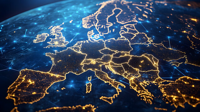 Digital map of Western Europe, concept of European Union network and connectivity, data transfer and cyber tech, business and information exchange and telecommunication - Powered by Adobe