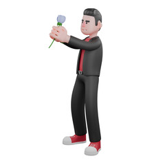 Choreographer Cartoon in 3D. A male choreographer stands with both hands holding a flower. Dance Creator