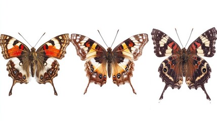 Naklejka premium Set of three vibrant butterflies in shades of brown and red, including a Painted Lady, displayed against a white background with outstretched wings.