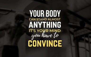 Motivational fitness poster featuring bold typography with inspirational quotes, blurred workout backgrounds, and active gym environments. Ideal for fitness enthusiasts.