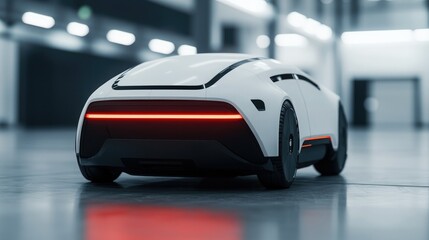 Naklejka premium A sleek, futuristic white car with minimalistic design and glowing red lights, set in a modern, spacious environment.