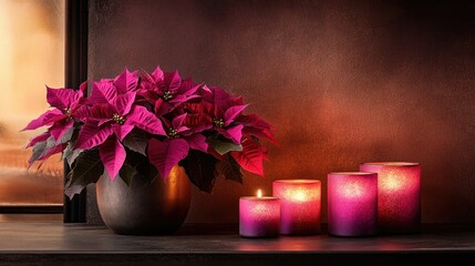 Cheerful holiday arrangement featuring vibrant pink poinsettias in an elegant vase beside glowing pink and white candles, creating a warm and inviting atmosphere.